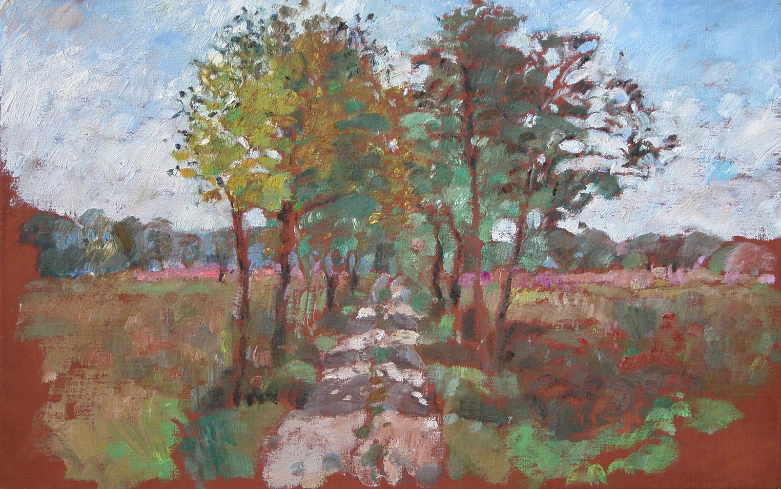 Tussen heuvels en rivier, landschap en plantaardigheden in olieverf