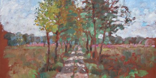 Tussen heuvels en rivier, landschap en plantaardigheden in olieverf