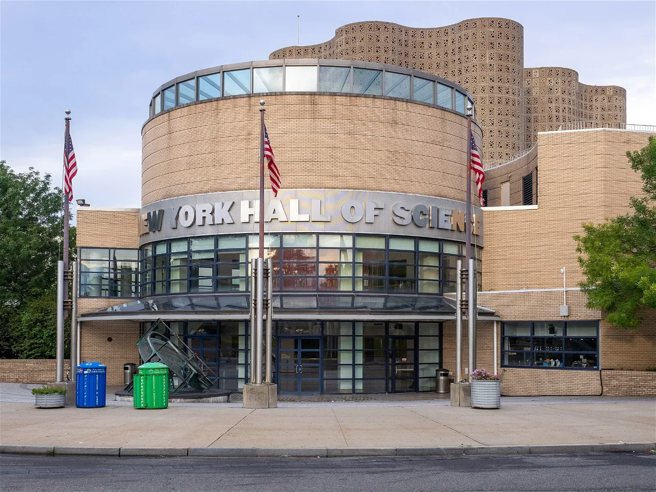 Stunning architecture of the New York Hall of Science, featuring its iconic blue and grey facade with striking geometric patterns