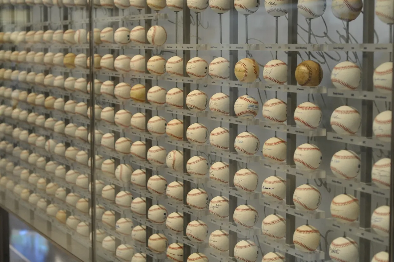 Autographed baseballs on display in the Yankees Museum at …